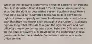 Which of the following statements is true of Lincoln's Ten Percent Plan A. it stipulated that at least 10% of former slaves must be accorded the right to vote within a given Southern state before that state could be readmitted to the Union B. it allowed the rights of citizenship only to those Southerners who could take an oath that they had never been disloyal to the Union C. it allowed high-ranking rebel officials to regain the right to vote and hold office by simply promising future good behavior D. it was silent on the issue of slavery E. it provided for the restoration of loyal governments for the erstwhile Confederate states now under Union control