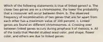 Which of the following statements is true of linked genes? a. The closer two genes are on a chromosome, the lower the probability that a crossover will occur between them. b. The observed frequency of recombination of two genes that are far apart from each other has a maximum value of 100 percent. c. Linked genes are found on different chromosomes. d. Crossing over between linked genes occurs during prophase II of meiosis. e. All of the traits that Mendel studied seed color, pod shape, flower color, and others are due to linked genes.