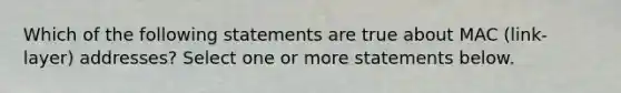 Which of the following statements are true about MAC (link-layer) addresses? Select one or more statements below.