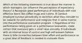 Which of the following statements is true about the manner in which managers can influence the perceptions of expectancy theory? A Recognize good performance of individuals with cost effective items like coffee mugs and t-shirts. B Conduct employee surveys periodically to ascertain what they consider to be rewards for performance and integrate that in some manner into the performance evaluation program. C Regardless of the performance rating given on a performance evaluation, make certain that everyone gets a small raise annually. D Individuals with an internal locus of control and high self-esteem believe there is little connection between their effort and performance so a great deal of feedback is needed to motivate them.