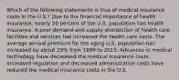 Which of the following statements is true of medical insurance costs in the U.S.? Due to the financial importance of health insurance, nearly 50 percent of the U.S. population has health insurance. A poor demand-and-supply distribution of health care facilities and services has increased the health care costs. The average annual premium for the aging U.S. population has increased by about 20% from 1999 to 2015. Advances in medical technology have decreased the medical insurance costs. Increased regulation and decreased administrative costs have reduced the medical insurance costs in the U.S.