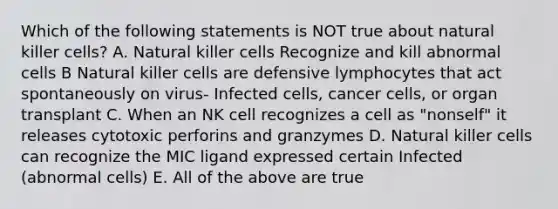 Which of the following statements is NOT true about natural killer cells? A. Natural killer cells Recognize and kill abnormal cells B Natural killer cells are defensive lymphocytes that act spontaneously on virus- Infected cells, cancer cells, or organ transplant C. When an NK cell recognizes a cell as "nonself" it releases cytotoxic perforins and granzymes D. Natural killer cells can recognize the MIC ligand expressed certain Infected (abnormal cells) E. All of the above are true