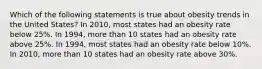 Which of the following statements is true about obesity trends in the United States? In 2010, most states had an obesity rate below 25%. In 1994, more than 10 states had an obesity rate above 25%. In 1994, most states had an obesity rate below 10%. In 2010, more than 10 states had an obesity rate above 30%.