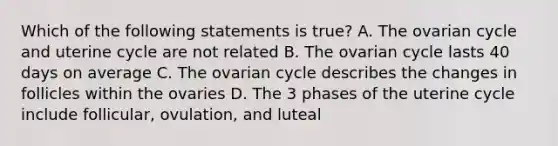 Which of the following statements is true? A. The ovarian cycle and uterine cycle are not related B. The ovarian cycle lasts 40 days on average C. The ovarian cycle describes the changes in follicles within the ovaries D. The 3 phases of the uterine cycle include follicular, ovulation, and luteal