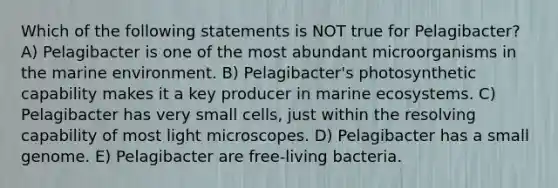 Which of the following statements is NOT true for Pelagibacter? A) Pelagibacter is one of the most abundant microorganisms in the marine environment. B) Pelagibacter's photosynthetic capability makes it a key producer in marine ecosystems. C) Pelagibacter has very small cells, just within the resolving capability of most light microscopes. D) Pelagibacter has a small genome. E) Pelagibacter are free-living bacteria.