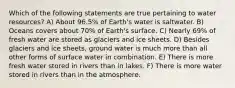 Which of the following statements are true pertaining to water resources? A) About 96.5% of Earth's water is saltwater. B) Oceans covers about 70% of Earth's surface. C) Nearly 69% of fresh water are stored as glaciers and ice sheets. D) Besides glaciers and ice sheets, ground water is much more than all other forms of surface water in combination. E) There is more fresh water stored in rivers than in lakes. F) There is more water stored in rivers than in the atmosphere.