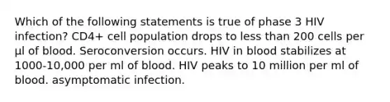 Which of the following statements is true of phase 3 HIV infection? CD4+ cell population drops to <a href='https://www.questionai.com/knowledge/k7BtlYpAMX-less-than' class='anchor-knowledge'>less than</a> 200 cells per μl of blood. Seroconversion occurs. HIV in blood stabilizes at 1000-10,000 per ml of blood. HIV peaks to 10 million per ml of blood. asymptomatic infection.