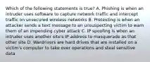 Which of the following statements is true? A. Phishing is when an intruder uses software to capture network traffic and intercept traffic on unsecured wireless networks B. Pretexting is when an attacker sends a text message to an unsuspecting victim to warn them of an impending cyber attack C. IP spoofing is when an intruder uses another site's IP address to masquerade as that other site D. Wardrivers are hard drives that are installed on a victim's computer to take over operations and steal sensitive data