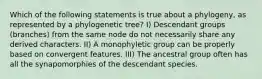 Which of the following statements is true about a phylogeny, as represented by a phylogenetic tree? I) Descendant groups (branches) from the same node do not necessarily share any derived characters. II) A monophyletic group can be properly based on convergent features. III) The ancestral group often has all the synapomorphies of the descendant species.