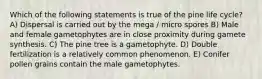 Which of the following statements is true of the pine life cycle? A) Dispersal is carried out by the mega / micro spores B) Male and female gametophytes are in close proximity during gamete synthesis. C) The pine tree is a gametophyte. D) Double fertilization is a relatively common phenomenon. E) Conifer pollen grains contain the male gametophytes.