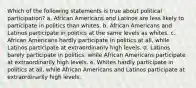 Which of the following statements is true about political participation? a. African Americans and Latinos are less likely to participate in politics than whites. b. African Americans and Latinos participate in politics at the same levels as whites. c. African Americans hardly participate in politics at all, while Latinos participate at extraordinarily high levels. d. Latinos barely participate in politics, while African Americans participate at extraordinarily high levels. e. Whites hardly participate in politics at all, while African Americans and Latinos participate at extraordinarily high levels.