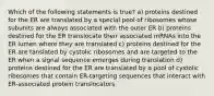 Which of the following statements is true? a) proteins destined for the ER are translated by a special pool of ribosomes whose subunits are always associated with the outer ER b) proteins destined for the ER translocate their associated mRNAs into the ER lumen where they are translated c) proteins destined for the ER are tanslated by cystolic ribosomes and are targeted to the ER when a signal sequence emerges during translation d) proteins destined for the ER are translated by a pool of cystolic ribosomes that contain ER-targeting sequences that interact with ER-associated protein translocators