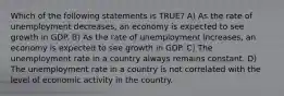 Which of the following statements is TRUE? A) As the rate of unemployment decreases, an economy is expected to see growth in GDP. B) As the rate of unemployment increases, an economy is expected to see growth in GDP. C) The unemployment rate in a country always remains constant. D) The unemployment rate in a country is not correlated with the level of economic activity in the country.