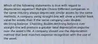 Which of the following statements is true with regard to depreciation expense? Multiple Choice Different companies in the same industry always depreciate similar assets by the same methods. A company using straight-line will show a smaller book value for assets than if the same company uses double-declining-balance. Choosing double-declining-balance over straight-line will produce a greater total depreciation expense over the asset's life. A company should use the depreciation method that best matches expense recognition with the use of the asset.