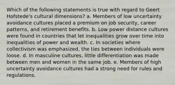 Which of the following statements is true with regard to Geert Hofstede's cultural dimensions? a. Members of low uncertainty avoidance cultures placed a premium on job security, career patterns, and retirement benefits. b. Low power distance cultures were found in countries that let inequalities grow over time into inequalities of power and wealth. c. In societies where collectivism was emphasized, the ties between individuals were loose. d. In masculine cultures, little differentiation was made between men and women in the same job. e. Members of high uncertainty avoidance cultures had a strong need for rules and regulations.