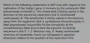 Which of the following statements is NOT true with regard to the replication of the Srebp1 gene in humans by the eukaryotic DNA polymerases involved? A. The strand that is being copied in the direction of the advancing replication fork is synthesized continuously. B. The strand that is being copied in the direction away from the replication fork is synthesized discontinuously. C. DNA polymerases responsible for the elongation of the complementary DNA strand read the parental nucleotide sequence in the 5' → 3' direction only. D. Newly synthesized stretches of nucleotide chains are elongated in opposite directions relative to the position of the replication fork.