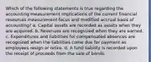 Which of the following statements is true regarding the accounting measurement implications of the current financial resources measurement focus and modified accrual basis of accounting? a. Capital assets are recorded as assets when they are acquired. b. Revenues are recognized when they are earned. c. Expenditures and liabilities for compensated absences are recognized when the liabilities come due for payment as employees resign or retire. d. A fund liability is recorded upon the receipt of proceeds from the sale of bonds.