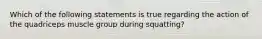 Which of the following statements is true regarding the action of the quadriceps muscle group during squatting?