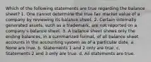 Which of the following statements are true regarding the balance sheet? 1. One cannot determine the true fair market value of a company by reviewing its balance sheet. 2. Certain internally generated assets, such as a trademark, are not reported on a company's balance sheet. 3. A balance sheet shows only the ending balances, in a summarized format, of all balance sheet accounts in the accounting system as of a particular date. a. None are true. b. Statements 1 and 2 only are true. c. Statements 2 and 3 only are true. d. All statements are true.