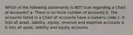 Which of the following statements is NOT true regarding a Chart of Accounts? a. There is no finite number of accounts b. The accounts listed in a Chart of Accounts have a numeric code c. It lists all asset, liability, equity, revenue and expense accounts d. It lists all asset, laibility and equity accounts