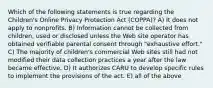 Which of the following statements is true regarding the Children's Online Privacy Protection Act (COPPA)? A) It does not apply to nonprofits. B) Information cannot be collected from children, used or disclosed unless the Web site operator has obtained verifiable parental consent through "exhaustive effort." C) The majority of children's commercial Web sites still had not modified their data collection practices a year after the law became effective. D) It authorizes CARU to develop specific rules to implement the provisions of the act. E) all of the above