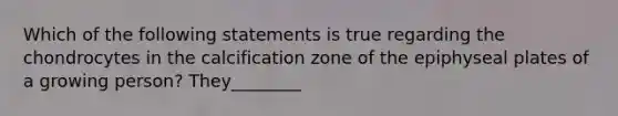 Which of the following statements is true regarding the chondrocytes in the calcification zone of the epiphyseal plates of a growing person? They________