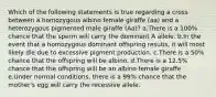 Which of the following statements is true regarding a cross between a homozygous albino female giraffe (aa) and a heterozygous pigmented male giraffe (Aa)? a.There is a 100% chance that the sperm will carry the dominant A allele. b.In the event that a homozygous dominant offspring results, it will most likely die due to excessive pigment production. c.There is a 50% chance that the offspring will be albino. d.There is a 12.5% chance that the offspring will be an albino female giraffe. e.Under normal conditions, there is a 99% chance that the mother's egg will carry the recessive allele.