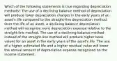 Which of the following statements is true regarding depreciation methods? The use of a declining balance method of depreciation will produce lower depreciation charges in the early years of an asset's life compared to the straight-line depreciation method. Over the life of an asset, a declining balance depreciation method will recognize more depreciation expense relative to the straight-line method. The use of a declining balance method instead of the straight-line method will produce higher book values for an asset in the early years of the asset's life. The use of a higher estimated life and a higher residual value will lower the annual amount of depreciation expense recognized on the income statement.