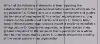 Which of the following statements is true regarding the establishment of the organizational culture and its effects on the organization? A. Culture acts as a control mechanism and guides the behavior of employees B. In a virtual organization a strong culture can be established quickly and easily C. Today's trend toward decentralized organizations makes it easier to establish a strong culture D. Employees organized in teams always show greater allegiance to the values of the organization as a whole than to their team and its values E. Cultures reduce the stability of the social system in an organization