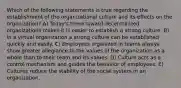 Which of the following statements is true regarding the establishment of the organizational culture and its effects on the organization? A) Today's trend toward decentralized organizations makes it is easier to establish a strong culture. B) In a virtual organization a strong culture can be established quickly and easily. C) Employees organized in teams always show greater allegiance to the values of the organization as a whole than to their team and its values. D) Culture acts as a control mechanism and guides the behavior of employees. E) Cultures reduce the stability of the social system in an organization.