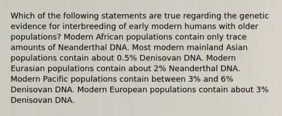 Which of the following statements are true regarding the genetic evidence for interbreeding of early modern humans with older populations? Modern African populations contain only trace amounts of Neanderthal DNA. Most modern mainland Asian populations contain about 0.5% Denisovan DNA. Modern Eurasian populations contain about 2% Neanderthal DNA. Modern Pacific populations contain between 3% and 6% Denisovan DNA. Modern European populations contain about 3% Denisovan DNA.