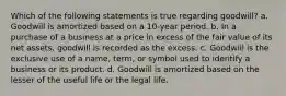 Which of the following statements is true regarding goodwill? a. Goodwill is amortized based on a 10-year period. b. In a purchase of a business at a price in excess of the fair value of its net assets, goodwill is recorded as the excess. c. Goodwill is the exclusive use of a name, term, or symbol used to identify a business or its product. d. Goodwill is amortized based on the lesser of the useful life or the legal life.