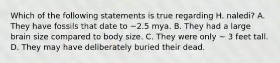 Which of the following statements is true regarding H. naledi? A. They have fossils that date to ~2.5 mya. B. They had a large brain size compared to body size. C. They were only ~ 3 feet tall. D. They may have deliberately buried their dead.