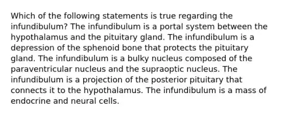 Which of the following statements is true regarding the infundibulum? The infundibulum is a portal system between the hypothalamus and the pituitary gland. The infundibulum is a depression of the sphenoid bone that protects the pituitary gland. The infundibulum is a bulky nucleus composed of the paraventricular nucleus and the supraoptic nucleus. The infundibulum is a projection of the posterior pituitary that connects it to the hypothalamus. The infundibulum is a mass of endocrine and neural cells.