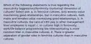 Which of the following statements is true regarding the masculinity (aggressive)/femininity (nurturing) dimension of cultures? Select one: a. In feminine cultures, only women value maintaining good relationships, but in masculine cultures, both males and females value maintaining good relationships. b. In masculine cultures, the ratio of CEO pay to other management level employees is equal. c. In cultures high in femininity, work/life balance programming like telecommuting is more common than in masculine cultures. d. There is greater separation of gender roles in feminine cultures than in masculine cultures.