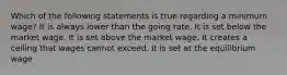 Which of the following statements is true regarding a minimum wage? It is always lower than the going rate. It is set below the market wage. It is set above the market wage. It creates a ceiling that wages cannot exceed. It is set at the equilibrium wage