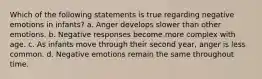 Which of the following statements is true regarding negative emotions in infants? a. Anger develops slower than other emotions. b. Negative responses become more complex with age. c. As infants move through their second year, anger is less common. d. Negative emotions remain the same throughout time.