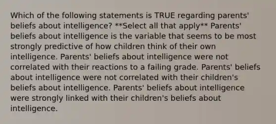 Which of the following statements is TRUE regarding parents' beliefs about intelligence? **Select all that apply** Parents' beliefs about intelligence is the variable that seems to be most strongly predictive of how children think of their own intelligence. Parents' beliefs about intelligence were not correlated with their reactions to a failing grade. Parents' beliefs about intelligence were not correlated with their children's beliefs about intelligence. Parents' beliefs about intelligence were strongly linked with their children's beliefs about intelligence.