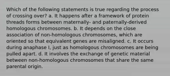 Which of the following statements is true regarding the process of crossing over? a. It happens after a framework of protein threads forms between maternally- and paternally-derived homologous chromosomes. b. It depends on the close association of non-homologous chromosomes, which are oriented so that equivalent genes are misaligned. c. It occurs during anaphase I, just as homologous chromosomes are being pulled apart. d. It involves the exchange of genetic material between non-homologous chromosomes that share the same parental origin.