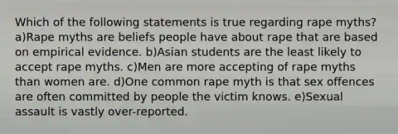 Which of the following statements is true regarding rape myths? a)Rape myths are beliefs people have about rape that are based on empirical evidence. b)Asian students are the least likely to accept rape myths. c)Men are more accepting of rape myths than women are. d)One common rape myth is that sex offences are often committed by people the victim knows. e)Sexual assault is vastly over-reported.