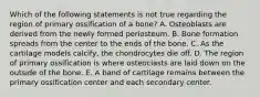 Which of the following statements is not true regarding the region of primary ossification of a bone? A. Osteoblasts are derived from the newly formed periosteum. B. Bone formation spreads from the center to the ends of the bone. C. As the cartilage models calcify, the chondrocytes die off. D. The region of primary ossification is where osteoclasts are laid down on the outside of the bone. E. A band of cartilage remains between the primary ossification center and each secondary center.