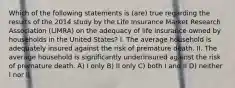 Which of the following statements is (are) true regarding the results of the 2014 study by the Life Insurance Market Research Association (LIMRA) on the adequacy of life insurance owned by households in the United States? I. The average household is adequately insured against the risk of premature death. II. The average household is significantly underinsured against the risk of premature death. A) I only B) II only C) both I and II D) neither I nor II