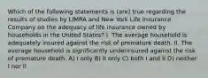 Which of the following statements is (are) true regarding the results of studies by LIMRA and New York Life Insurance Company on the adequacy of life insurance owned by households in the United States? I. The average household is adequately insured against the risk of premature death. II. The average household is significantly underinsured against the risk of premature death. A) I only B) II only C) both I and II D) neither I nor II