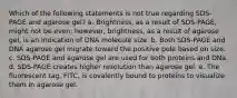 Which of the following statements is not true regarding SDS-PAGE and agarose gel? a. Brightness, as a result of SDS-PAGE, might not be even; however, brightness, as a result of agarose gel, is an indication of DNA molecule size. b. Both SDS-PAGE and DNA agarose gel migrate toward the positive pole based on size. c. SDS-PAGE and agarose gel are used for both proteins and DNa. d. SDS-PAGE creates higher resolution than agarose gel. e. The fluorescent tag, FITC, is covalently bound to proteins to visualize them in agarose gel.