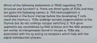 Which of the following statements is TRUE regarding TCR structure and function? a. There are three types of TCRs and they are given the following names: b. TCR rearrangement is completed in the bone marrow before the developing T cells reach the thymus c. TCRs undergo somatic hypermutation in the thymus but do not undergo isotype switching d. TCR gene segments are recombined by RAG proteins and the RAG proteins are similar to transposases found in viruses e. TCRs are associated with the Ig and Ig co-receptors which help with the signal transduction process