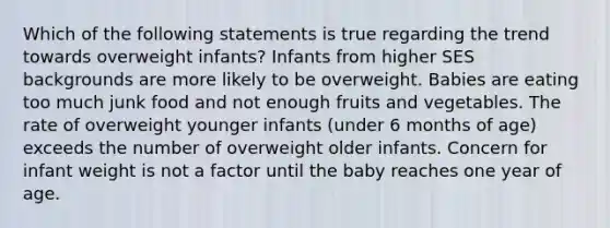 Which of the following statements is true regarding the trend towards overweight infants? Infants from higher SES backgrounds are more likely to be overweight. Babies are eating too much junk food and not enough fruits and vegetables. The rate of overweight younger infants (under 6 months of age) exceeds the number of overweight older infants. Concern for infant weight is not a factor until the baby reaches one year of age.