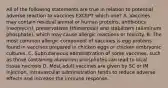 All of the following statements are true in relation to potential adverse reaction to vaccines EXCEPT which one? A. Vaccines may contain residual animal or human proteins, antibiotics (neomycin), preservatives (thimerosal) and stabilizers (aluminum phosphate), which may cause allergic reactions or toxicity. B. The most common allergic component of vaccines is egg proteins found in vaccines prepared in chicken eggs or chicken embryonic cultures. C. Subcutaneous administration of some vaccines, such as those containing aluminum phosphates can lead to local tissue necrosis D. Most adult vaccines are given by SC or IM injection, intravascular administration tends to reduce adverse effects and increase the immune response.