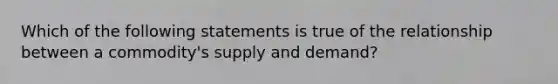 Which of the following statements is true of the relationship between a commodity's supply and demand?