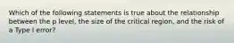 Which of the following statements is true about the relationship between the p level, the size of the critical region, and the risk of a Type I error?