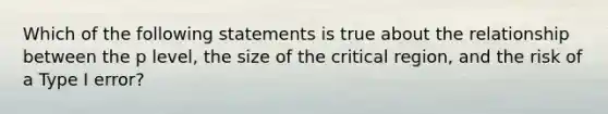 Which of the following statements is true about the relationship between the p level, the size of the critical region, and the risk of a Type I error?